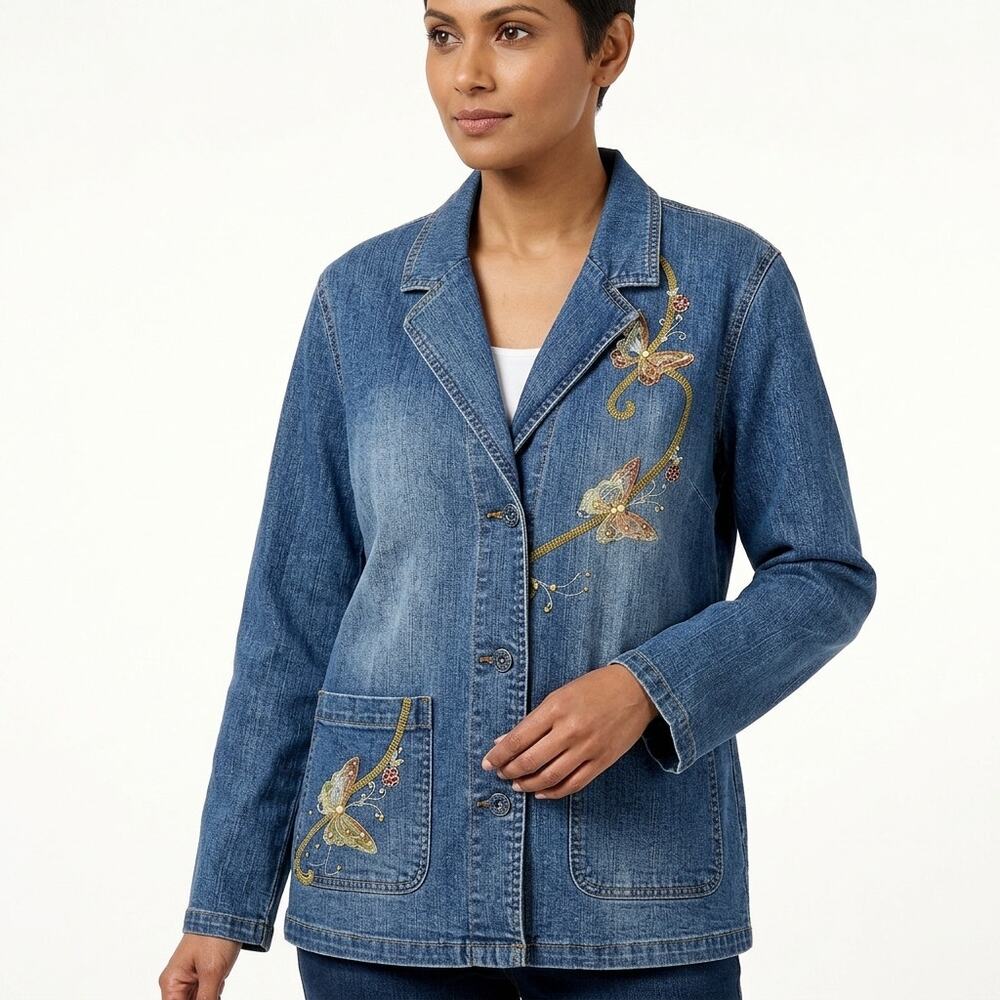 Joujou Blue Floral Denim Embroidered Stretch Jacket Women Size XXL